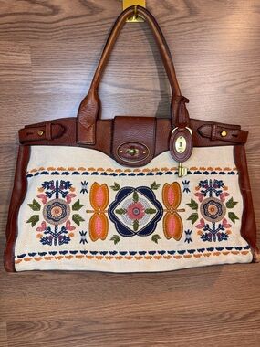 Vintage Fossil Reissue Tapestry Weekender Leather Handbag Turn-Lock Embroidered